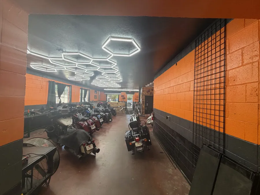 Inside the motorcycle repair shop at Syndicate Cycle in Oroville, CA